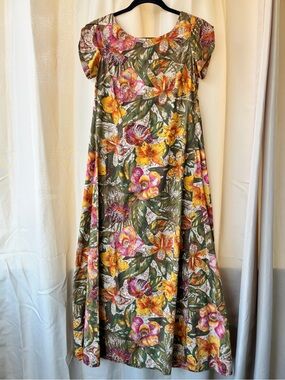 Vintage 90s Homemade Cotton Tulip Sleeve Maxi Dress Botanical Muumuu